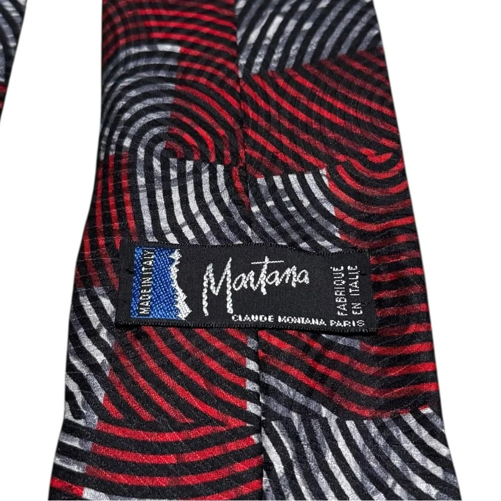 Claude Montana 100% Silk Patterned Black White‎ Red Men's Tie 58x3.5